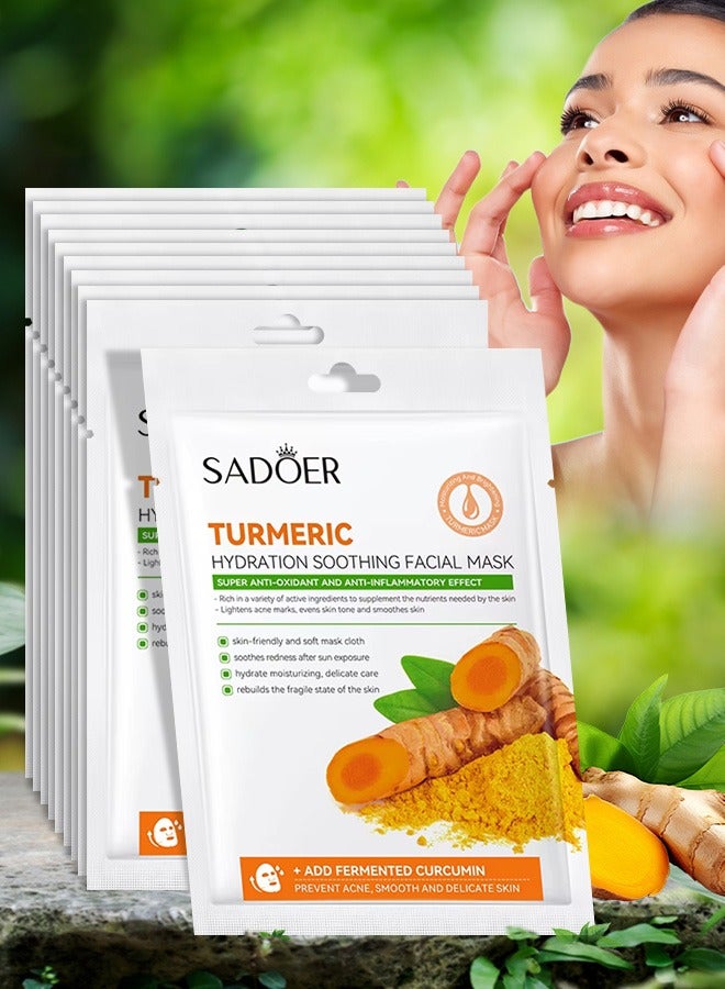 SADOER 10 Pack Turmeric Hydration Soothing Facial Mask Anti Oxidant and Anti Inflammatory Effects Face Mask Sheet for Skincare Soothing Moisturizing Anti Acne Facial Sheet for Women and Men - Image 1