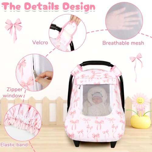 DAYEEBALL Baby Car Seat Cover, Windproof Carseat Cover for Infant Girls, Infant Warm Carseat Canopy with Double Layer Fabric for Winter, Compatible with Most Baby Car Seat, Bow - Image 2