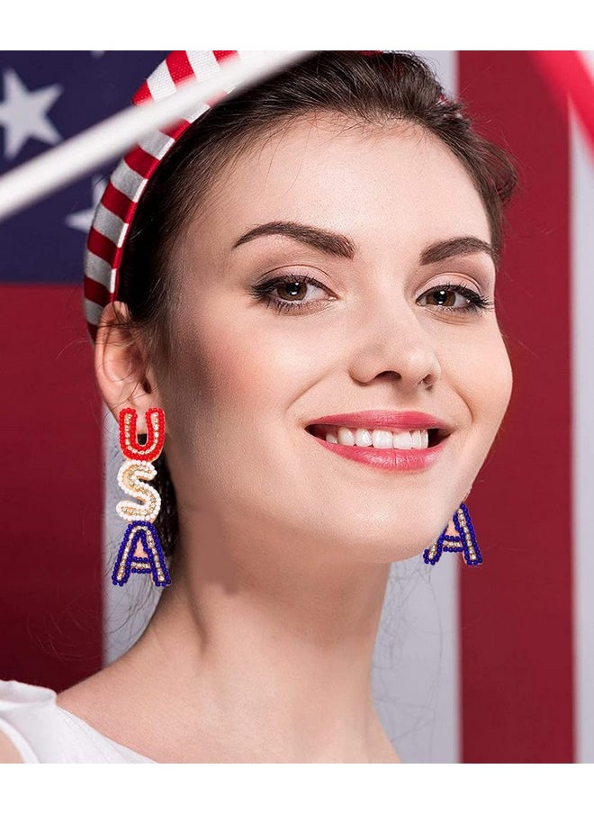XOCARTIGE - American Flag Zinc Earrings 4Th Of July Earrings For Women Beaded Heart Star Flag Dangle Drop Earrings Handmade Independence Day Patriotic Earrings Holiday Gifts (Letter) - Image 1