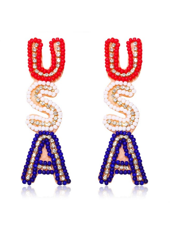 XOCARTIGE - American Flag Zinc Earrings 4Th Of July Earrings For Women Beaded Heart Star Flag Dangle Drop Earrings Handmade Independence Day Patriotic Earrings Holiday Gifts (Letter) - Image 1