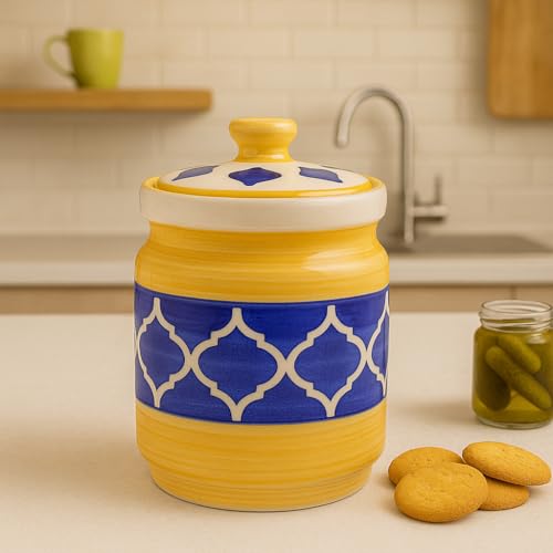 Kunhar Ceramic Jars (1000 ML) – Handcrafted Multipurpose Barni with Lid for Pickle, Chutney, Spices, Salt, Sugar – Kitchen Storage Containers, Yellow Blue - Image 1