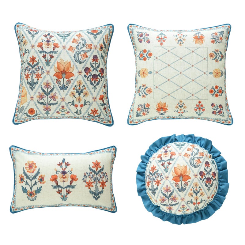 ISAENNE Design Linen Throw Pillow Covers Set of 4, Blue Country Cushion Covers with Colorful Wildflower Pattern Decor Lumbar Round Square Pillowcases for Bed,Living Room,Outdoor,Car - Image 1