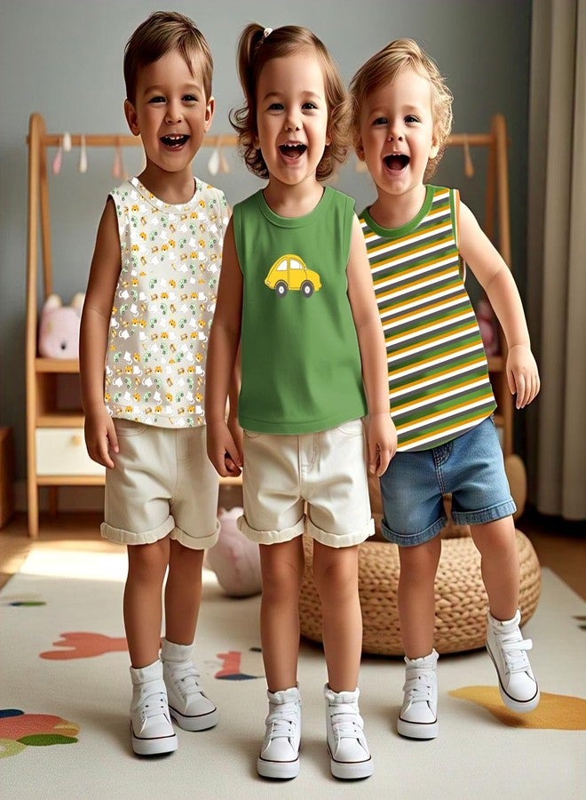 Toddylon سترة أطفال أولاد من توديلون بتصميم عادي بدون أكمام من القطن | سترة مطبوعة | قمة صيفية | سترات أطفال (عبوة من 3) (12-18 شهر) - Image 3