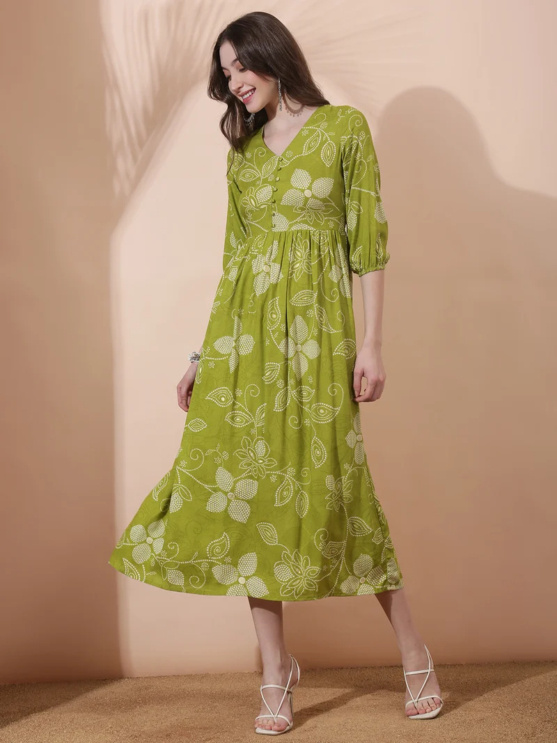 globus Globus Women Green Floral Printed V-Neck Bishop Sleeves Smocked Fit & Flare Pleated Maxi Fusion Dress