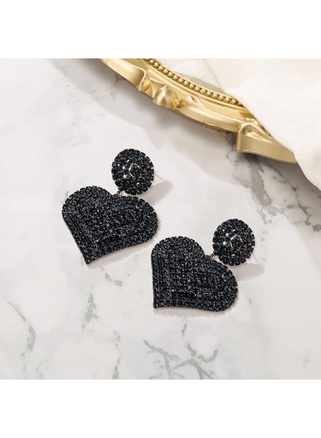 BriLove Gorgeous Stunning Heart Earrings For Women,Fashion Sparkle Full Crystal Dangle Drop Earring For Wedding Party Prom Sapphire Color Black-Tone - Image 3