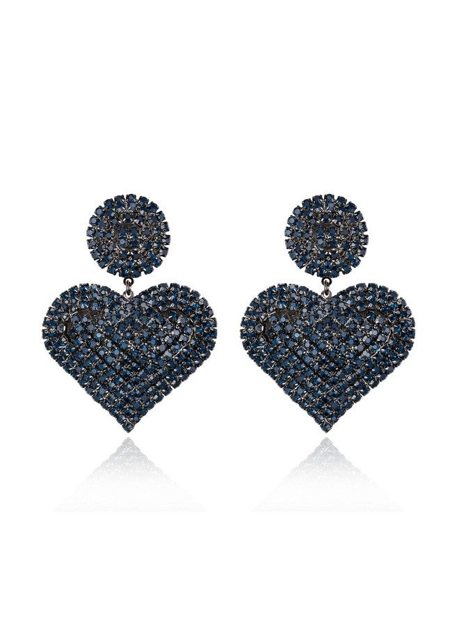 BriLove Gorgeous Stunning Heart Earrings For Women,Fashion Sparkle Full Crystal Dangle Drop Earring For Wedding Party Prom Sapphire Color Black-Tone - Image 1