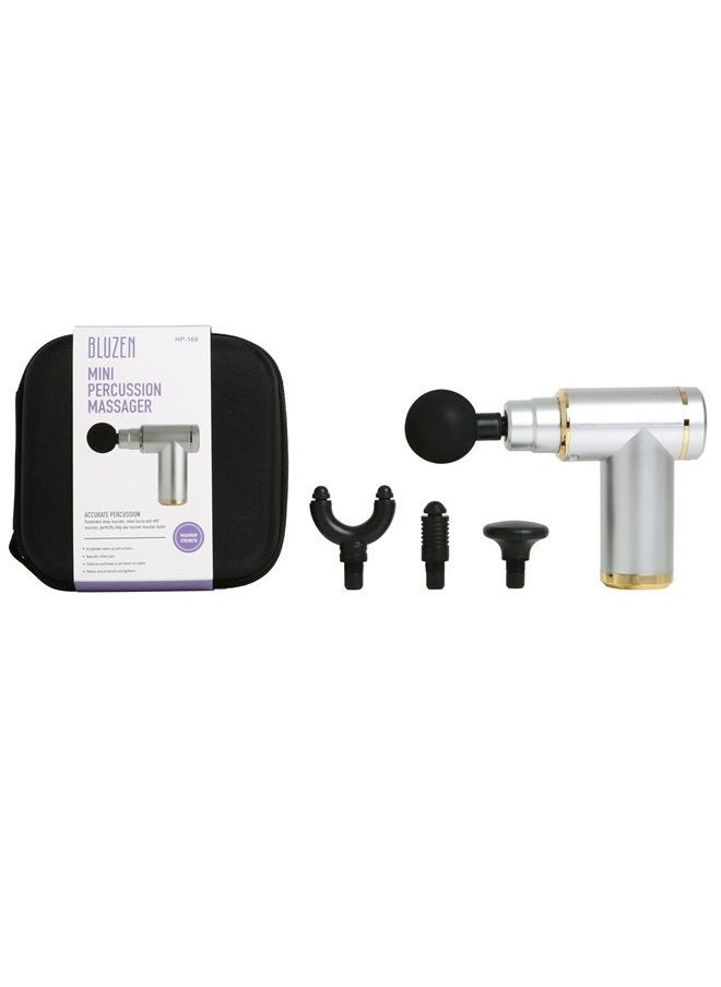 BluZen - Mini Percussion Massager with 4 Attachments and Travel Case (Silver + Gold) - Image 1