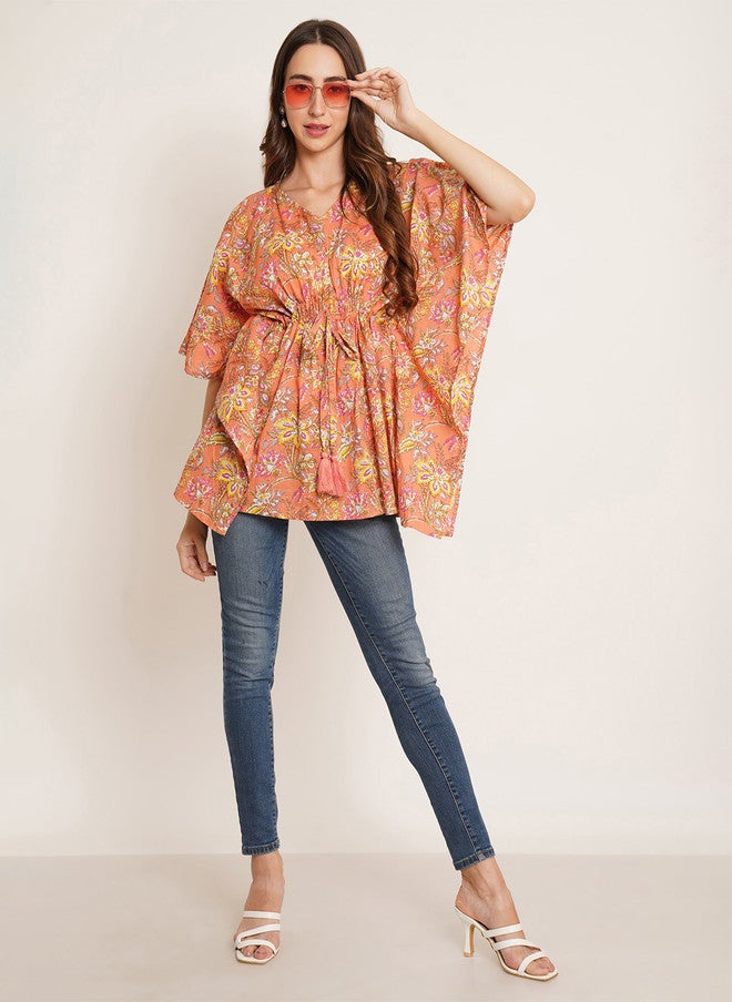 COTLAND FASHION Floral Printed V-Neck Kimono Sleeves Pure Cotton Kaftan Longline Top - Image 5