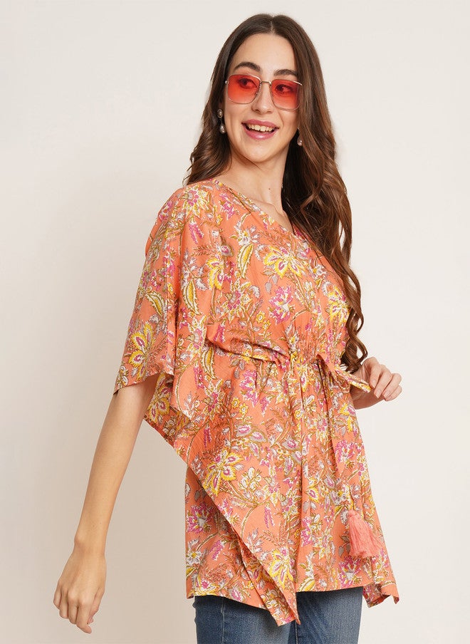 COTLAND FASHION Floral Printed V-Neck Kimono Sleeves Pure Cotton Kaftan Longline Top - Image 3