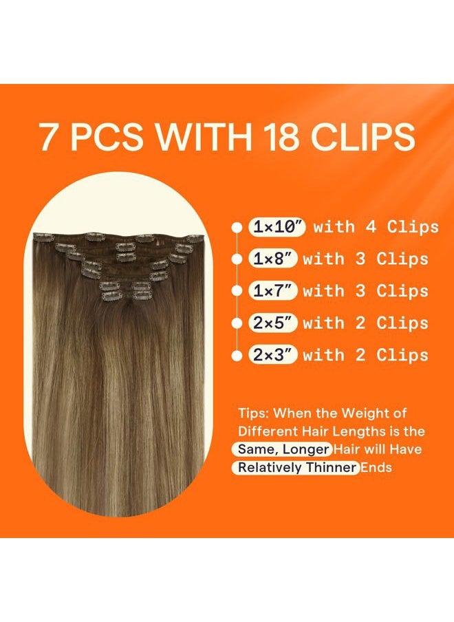 Full Shine 24 Inch Human Hair Extensions Clip ins Brown Balayage Clip in Hair Extensions for Long Hair Medium Brown Mix Honey Blonde Hair Clip in Extensions Natural Remy Hair 7 Pcs 120 G  - Image 4