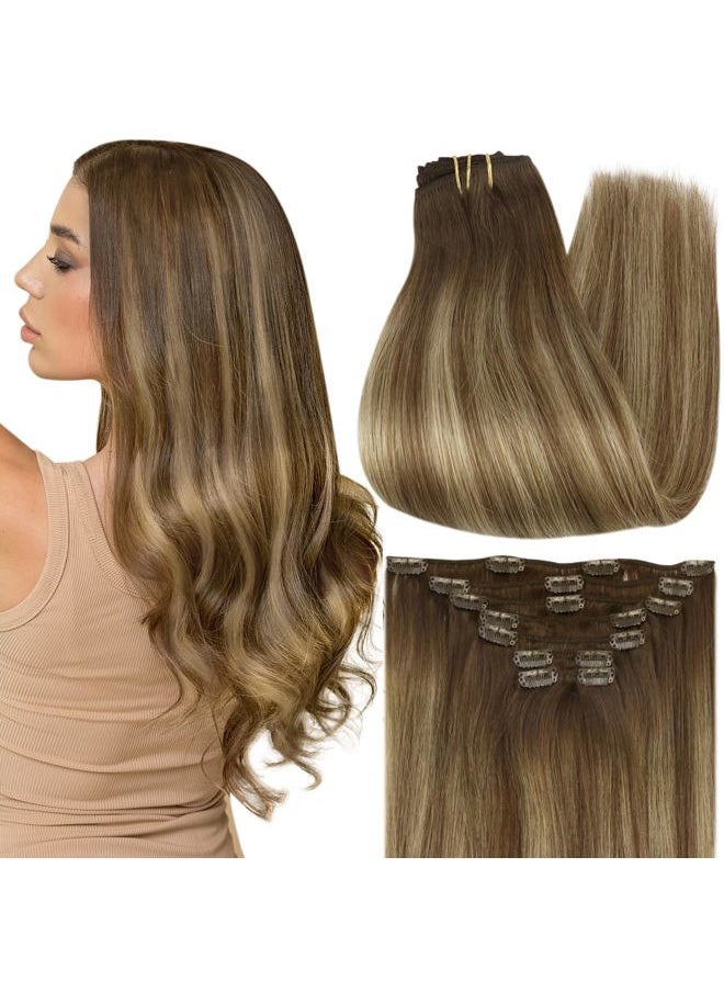 Full Shine 24 Inch Human Hair Extensions Clip ins Brown Balayage Clip in Hair Extensions for Long Hair Medium Brown Mix Honey Blonde Hair Clip in Extensions Natural Remy Hair 7 Pcs 120 G  - Image 1