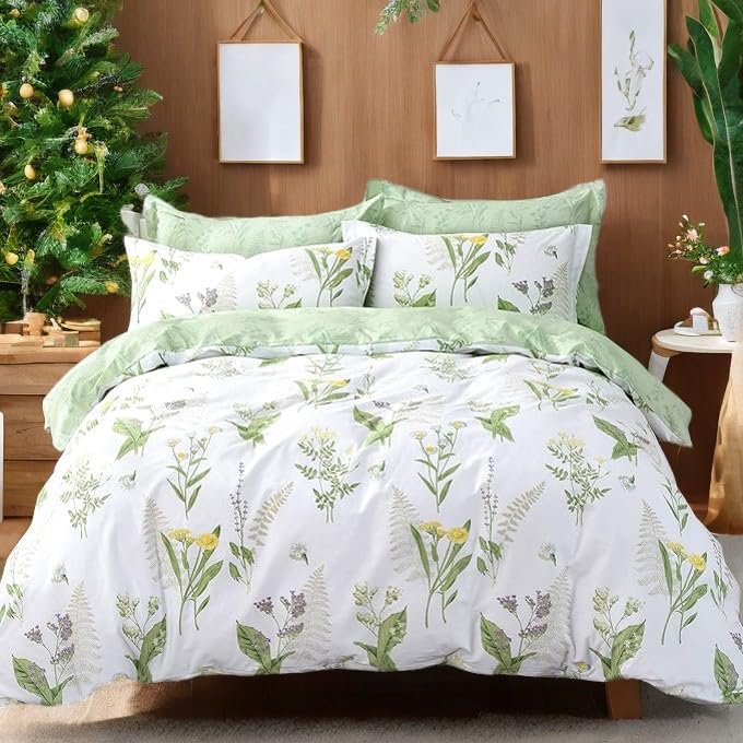 FADFAY Duvet Cover Set Queen 4Pcs Shabby Daisy and Lavender Flowers 100 Cotton Hidden Zipper Closure with Green Deep Pocket Fitted Sheet 4 Pieces Queen Size