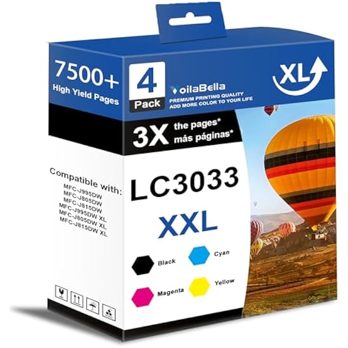 LC3033XXL HIGH YIELD INK CARTRIDGE COMBO PACK REPLACEMENT FOR BROTHER LC3033 LC3033XXL INK CARTRIDGE TO USE WITH MFC-J995DW MFC-J805DW MFC-J815DW PRINTER, BLACK CYAN MAGENTA YELLOW (4 PACK).