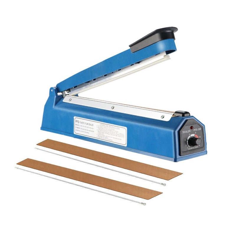 Heat Sealer Impulse Sealing Machine Plastic Bag Sealer with 2 Spare Heating Wires and Teflon Strips 300mm Seal Length 2mm Seal Width