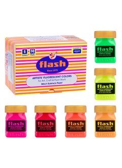 Flash Flash Fluorescent Acrylic Paint Set | 6 Neon Colors | 50 ml, 1.7 fl oz Each | High Pigment Strength | Indoor | Non Toxic | Multi-Surface Paint | Pro Artist, Hobby Painters & Kid | Made in India  - Image 1