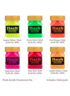 Flash Flash Fluorescent Acrylic Paint Set | 6 Neon Colors | 50 ml, 1.7 fl oz Each | High Pigment Strength | Indoor | Non Toxic | Multi-Surface Paint | Pro Artist, Hobby Painters & Kid | Made in India  - Image 2