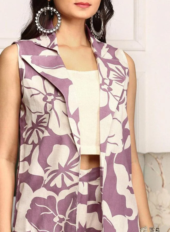 آي شين طقم نسائي من إيشين بطبعة زهور بنفسجية بدون أكمام وبلوزة مفتوحة من الأمام مع بنطلون