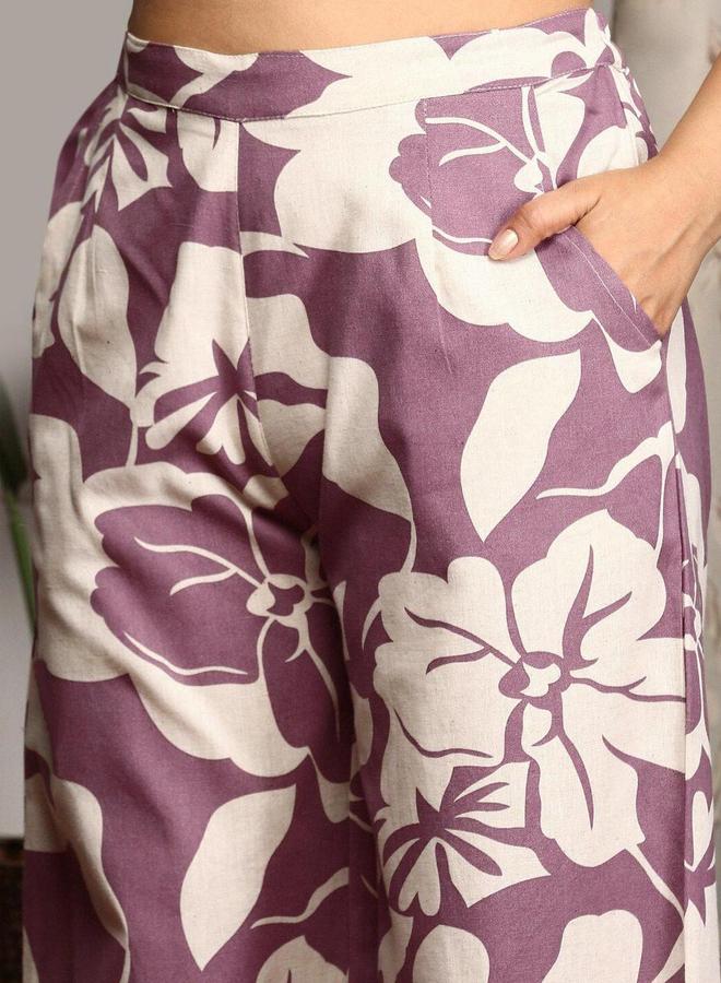 آي شين طقم نسائي من إيشين بطبعة زهور بنفسجية بدون أكمام وبلوزة مفتوحة من الأمام مع بنطلون - Image 3