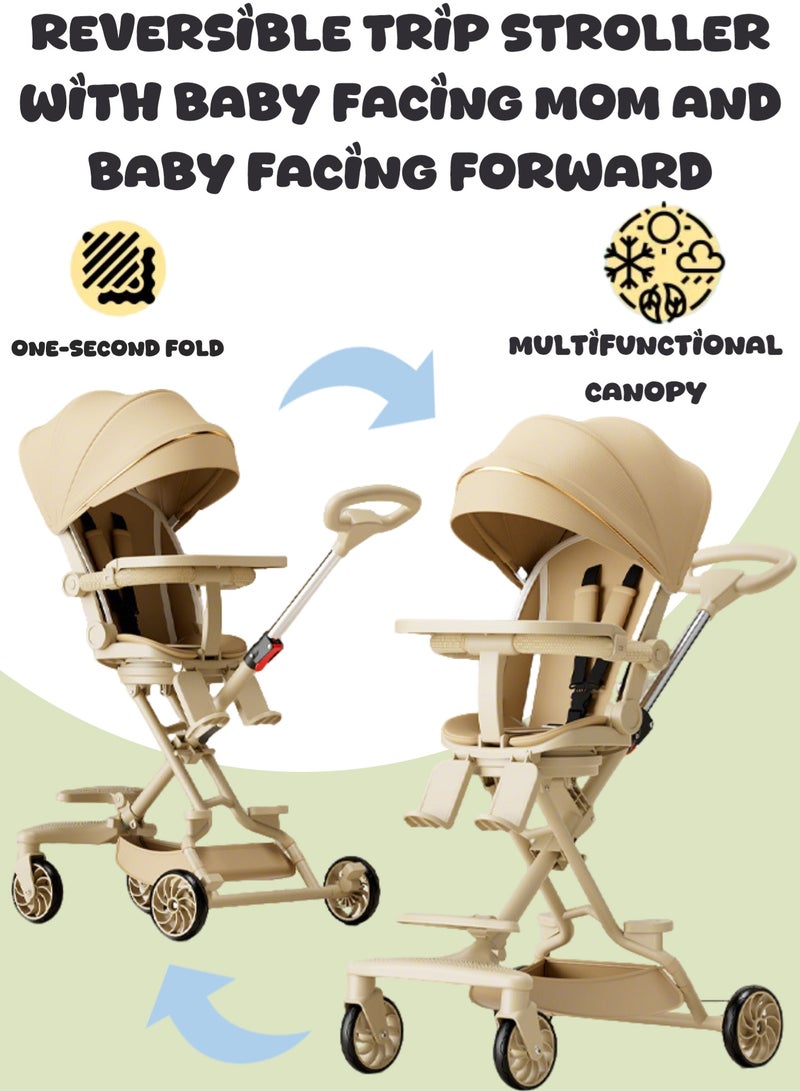 Mi VAZA Two-Way Push Trip Baby Stroller | Excellent Shocker | Forward & Parent Facing | Wide Cannopy & Seat | 5-Point Safety Harness | Multi-Position Recline | Adjustable Backrest | Extra Storage Space | Big Basket | Lightweight Easy Fold Compact Toddler Stroller and Baby Stroller forTravel | One Hand Easy Foldable Stroller | 6-36Months | Beige - Image 3