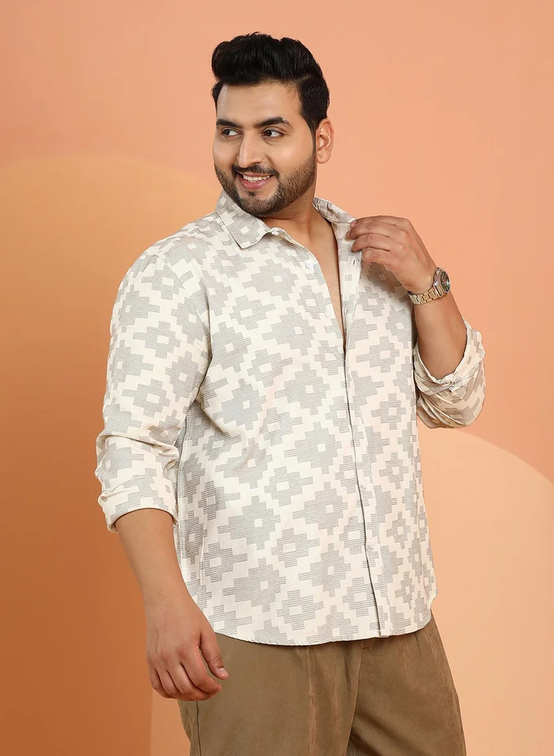 انستافاب بلس قميص رجالي بيج منسوج بنقوش هندسية للملابس الكاجوال بياقة واسعة وأكمام طويلة بأزرار مقاس كبير بتصميم مريح للاستخدام اليومي