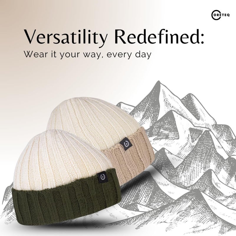 CORETEQ Women & Men Soft Acrylic Wool Winter Cuff Beanie Cap Wide Rib Dual Color Style - Soft, Cozy & Warm Garam Topi - Stylish Woollen Winter Wear Cap - Acrylic Wool, FS - Image 5