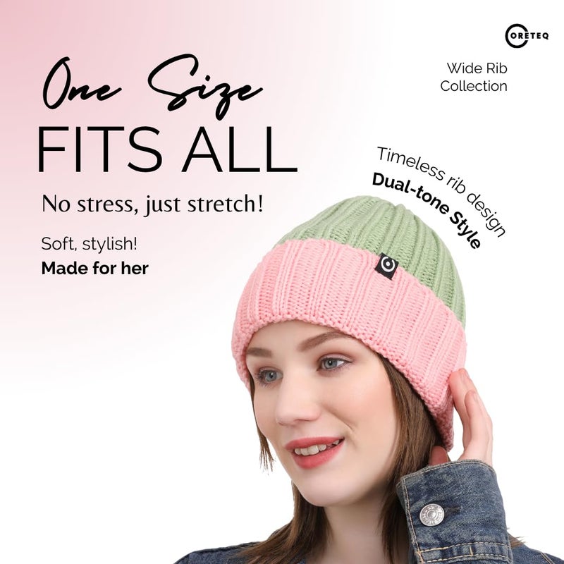 CORETEQ Women & Men Soft Acrylic Wool Winter Cuff Beanie Cap Wide Rib Dual Color Style - Soft, Cozy & Warm Garam Topi - Stylish Woollen Winter Wear Cap - Acrylic Wool, FS - Image 2