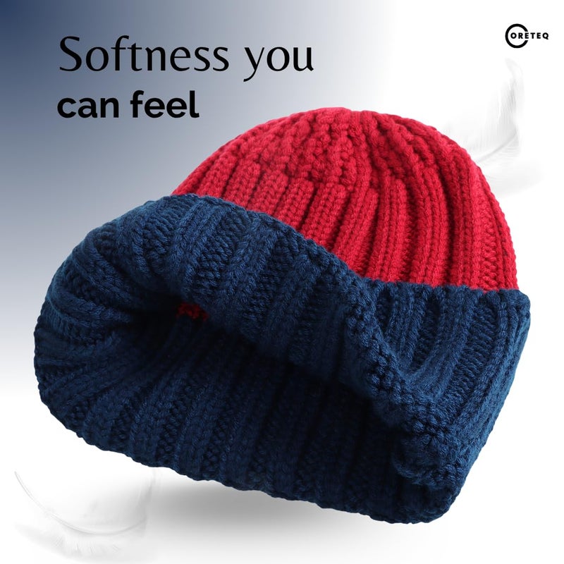 CORETEQ Women & Men Soft Acrylic Wool Winter Cuff Beanie Cap Wide Rib Dual Color Style - Soft, Cozy & Warm Garam Topi - Stylish Woollen Winter Wear Cap - Acrylic Wool, FS - Image 4