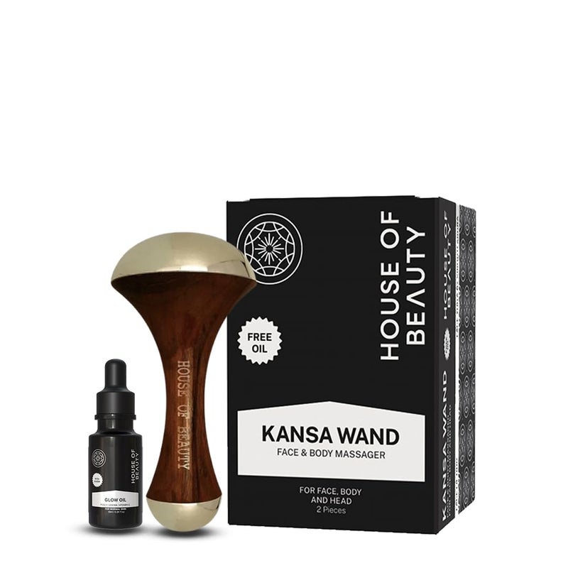 HOUSE OF BEAUTY HOUSE OF BEAUTY Kansa Wand Massager with Kumkumadi 10ml Oil for Face and Body Wooden Handle Both Side Kansa Brown - Image 1