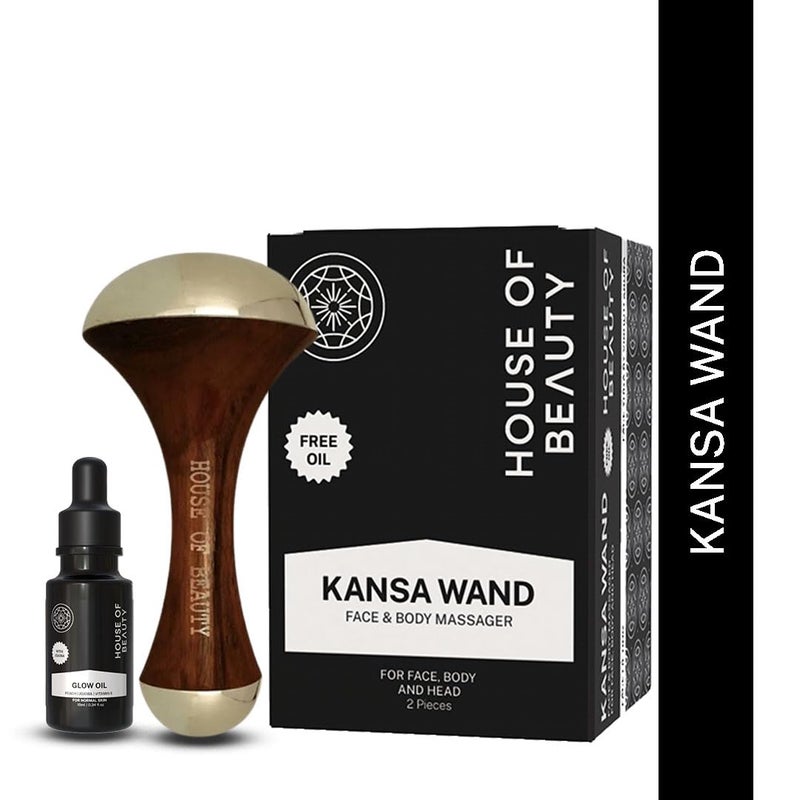 HOUSE OF BEAUTY HOUSE OF BEAUTY Kansa Wand Massager with Kumkumadi 10ml Oil for Face and Body Wooden Handle Both Side Kansa Brown - Image 2