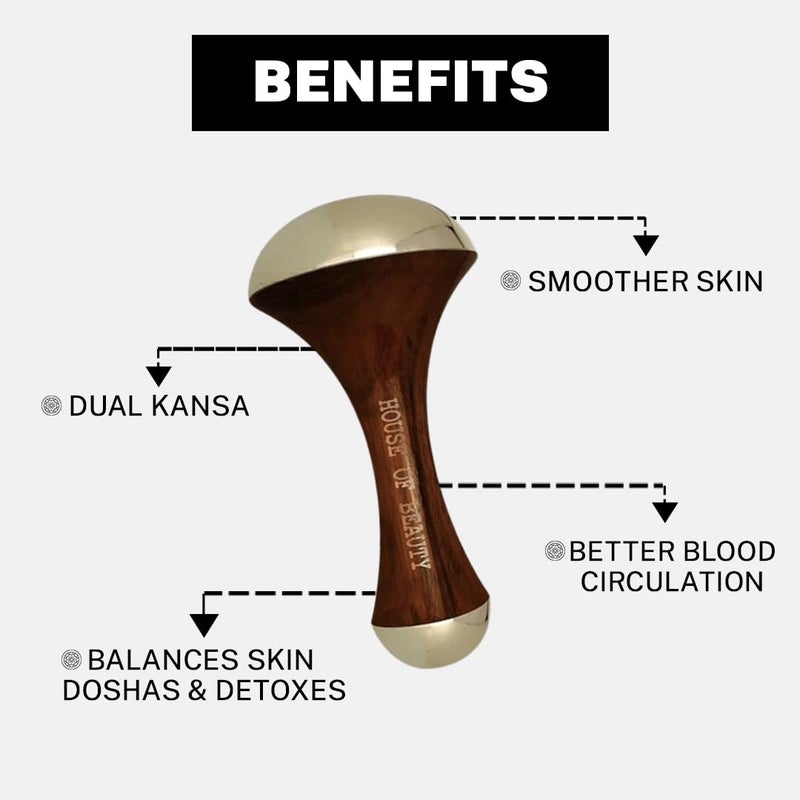 HOUSE OF BEAUTY HOUSE OF BEAUTY Kansa Wand Massager with Kumkumadi 10ml Oil for Face and Body Wooden Handle Both Side Kansa Brown - Image 3