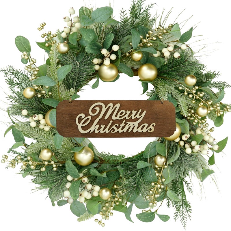 WreathDream 20 inch Artificial Christmas Wreath Winter Wreath for Front Door with Champagne Gold BerryChristmas Balls for Front Door Farmhouse Indoor Outdoor Holiday Home Decor