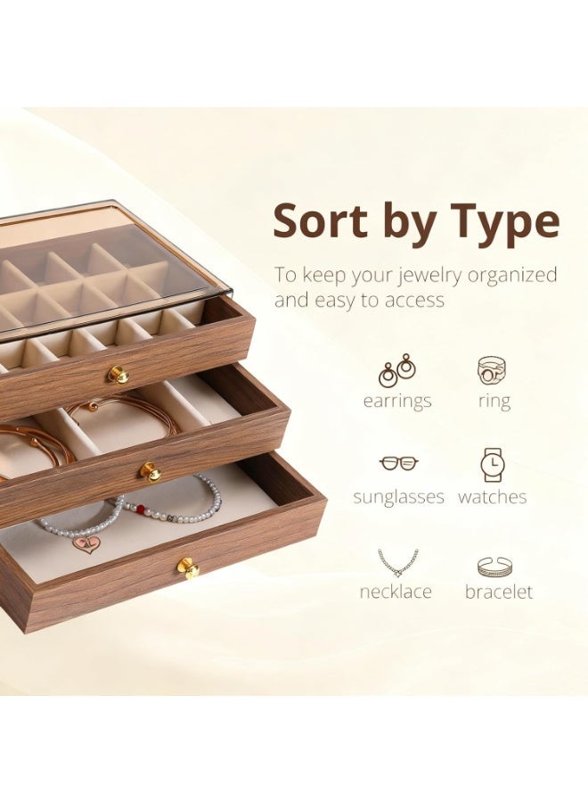 صندوق مجوهرات خشبي فاخر من 3 طبقات بنمط عتيق أنيق مع غطاء علوي من الأكريليك الشفاف ومقسمات قابلة للإزالة، منظم مجوهرات عملي لتخزين وعرض الخواتم والأقراط والقلائد والأساور للنساء والفتيات–تصميم أنيق مناسب للمنزل والهدايا الفاخرة والتنظيم المثالي للمجوهرات 22 × 13 × 11 سم - Image 5