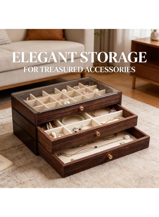 صندوق مجوهرات خشبي فاخر من 3 طبقات بنمط عتيق أنيق مع غطاء علوي من الأكريليك الشفاف ومقسمات قابلة للإزالة، منظم مجوهرات عملي لتخزين وعرض الخواتم والأقراط والقلائد والأساور للنساء والفتيات–تصميم أنيق مناسب للمنزل والهدايا الفاخرة والتنظيم المثالي للمجوهرات 22 × 13 × 11 سم - Image 3