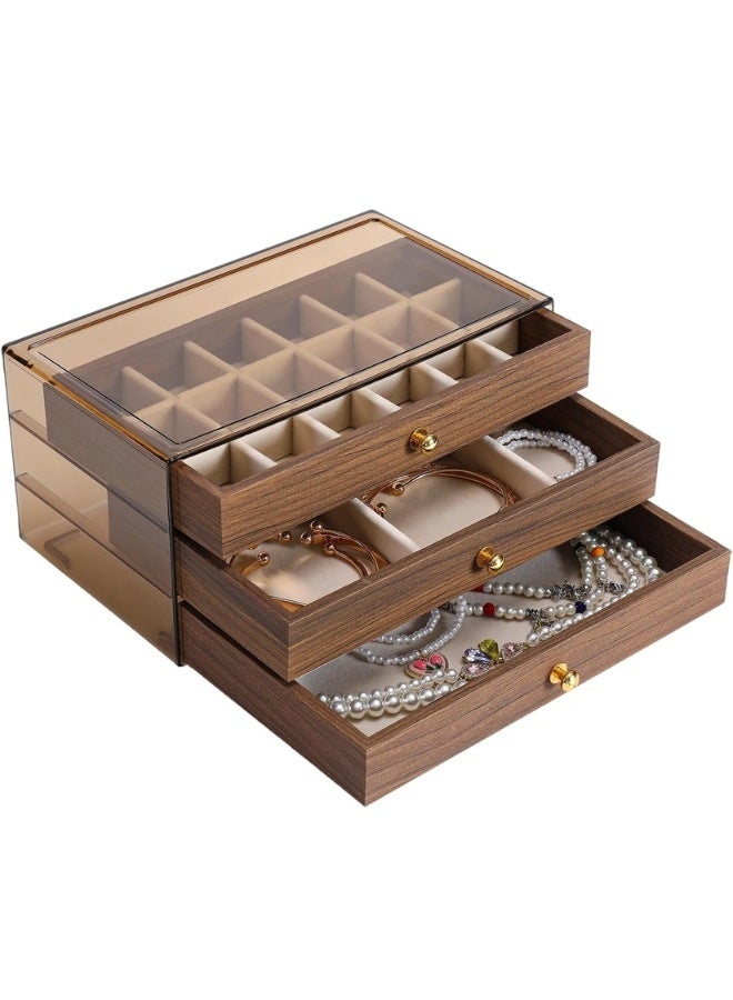 صندوق مجوهرات خشبي فاخر من 3 طبقات بنمط عتيق أنيق مع غطاء علوي من الأكريليك الشفاف ومقسمات قابلة للإزالة، منظم مجوهرات عملي لتخزين وعرض الخواتم والأقراط والقلائد والأساور للنساء والفتيات–تصميم أنيق مناسب للمنزل والهدايا الفاخرة والتنظيم المثالي للمجوهرات 22 × 13 × 11 سم - Image 1