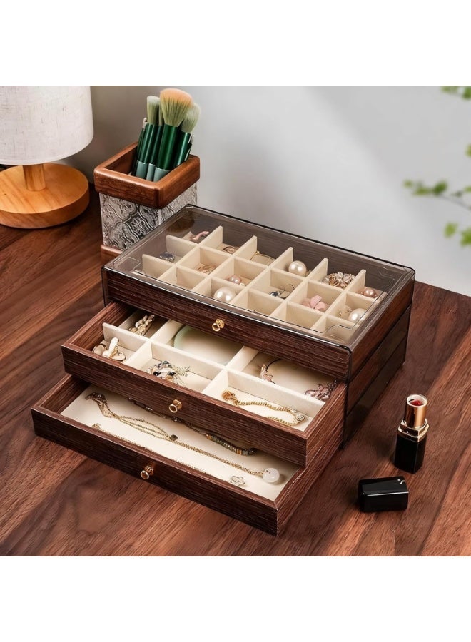 صندوق مجوهرات خشبي فاخر من 3 طبقات بنمط عتيق أنيق مع غطاء علوي من الأكريليك الشفاف ومقسمات قابلة للإزالة، منظم مجوهرات عملي لتخزين وعرض الخواتم والأقراط والقلائد والأساور للنساء والفتيات–تصميم أنيق مناسب للمنزل والهدايا الفاخرة والتنظيم المثالي للمجوهرات 22 × 13 × 11 سم - Image 2