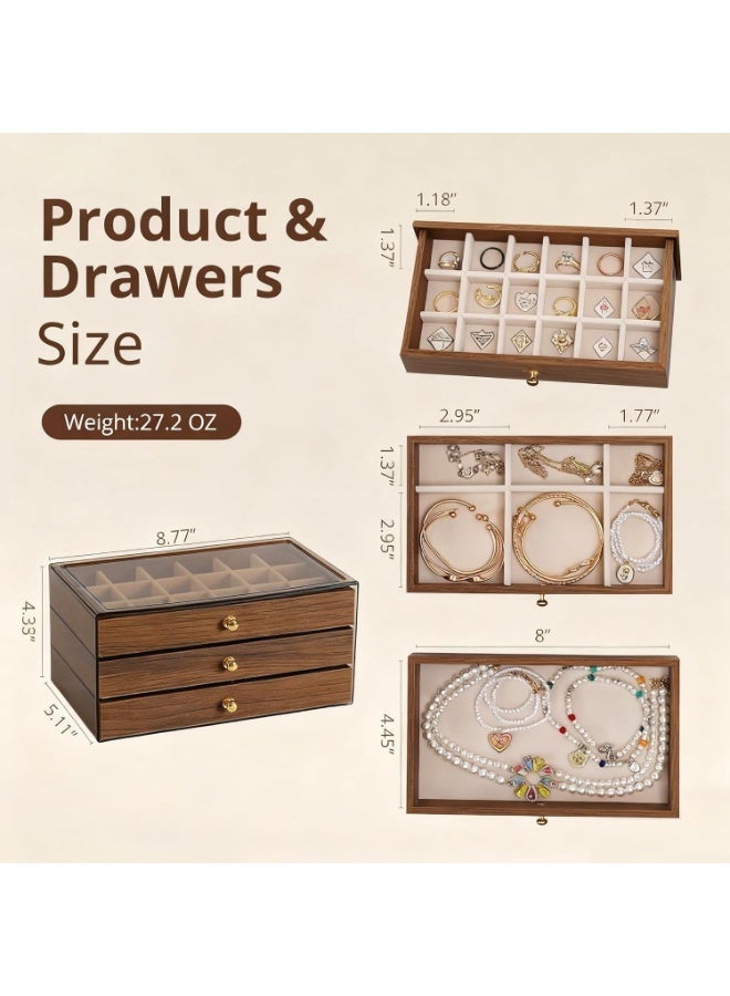 صندوق مجوهرات خشبي فاخر من 3 طبقات بنمط عتيق أنيق مع غطاء علوي من الأكريليك الشفاف ومقسمات قابلة للإزالة، منظم مجوهرات عملي لتخزين وعرض الخواتم والأقراط والقلائد والأساور للنساء والفتيات–تصميم أنيق مناسب للمنزل والهدايا الفاخرة والتنظيم المثالي للمجوهرات 22 × 13 × 11 سم - Image 4