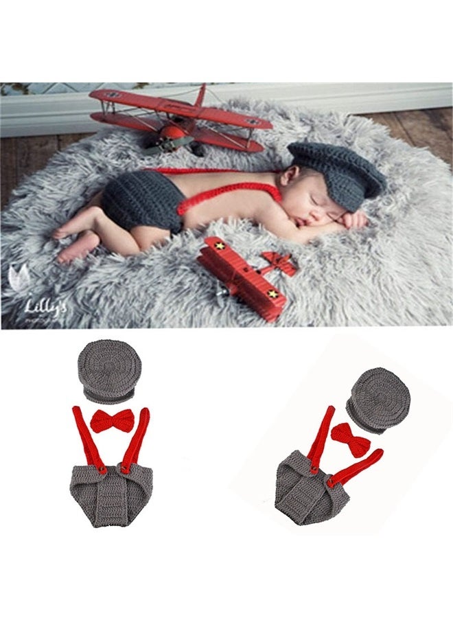 New Handmade Knot Beanie+Tie+Shorts Set Toddler Baby Crochet Photography Props 0-6.M Newborn Baby Crochet Photo Props (0-6Months) - Image 1