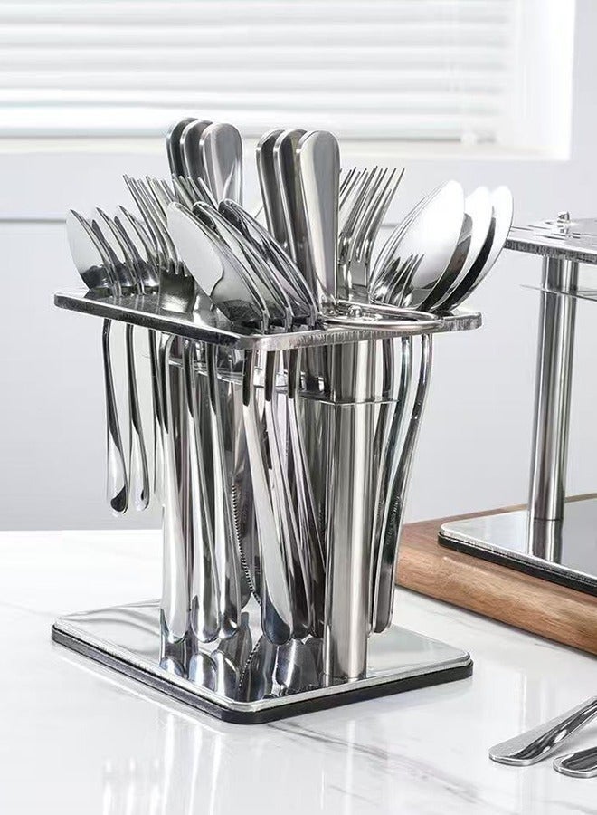 Exquisite 24-Piece Stainless Steel Cutlery Set with Holding Stand Set, Flatware Utensils Including Knife,Fork,Spoon and coffee spoon(Silver) 6-person Western tableware, kitchen utensils, shiny polished sturdy and durable， Suitable gatherings, picnics,easy to store，dishwasher safety - Image 1