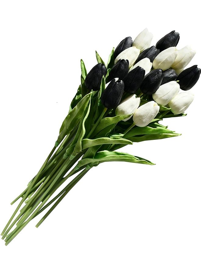 NIBEMINENT 20-Piece Artificial Tulip Flowers With Soft Latex Materials White/Black/Green - Image 1