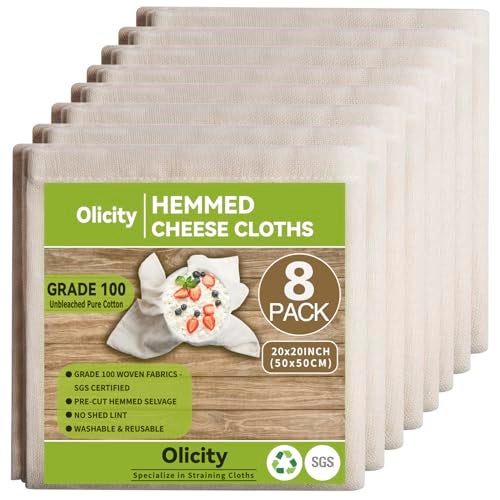 Olicity Cheese Cloths, Grade 100, 20x20Inch Hemmed Cheesecloth for Straining Reusable, 100% Unbleached Precut Cheese Cloth Strainer Muslin Cloth for Cooking, Baking, Juicing, Cheese Making - 6 Pieces - Image 1
