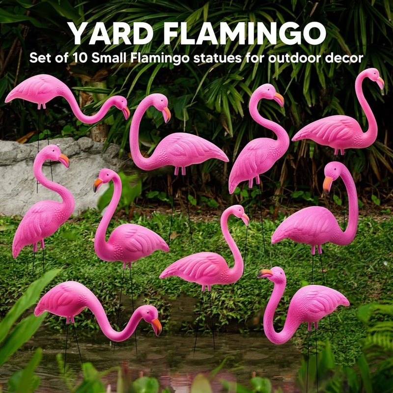 JOYIN 10 Pack Small Yard Flamingos Ornament Stakes, Mini Pink Flamingo Yard Decorations, Mini Lawn Plastic Flamingo Statue with Rubber Coating Metal Legs for Outdoor, Garden, Luau Party Gift (3-10IN) - Image 2