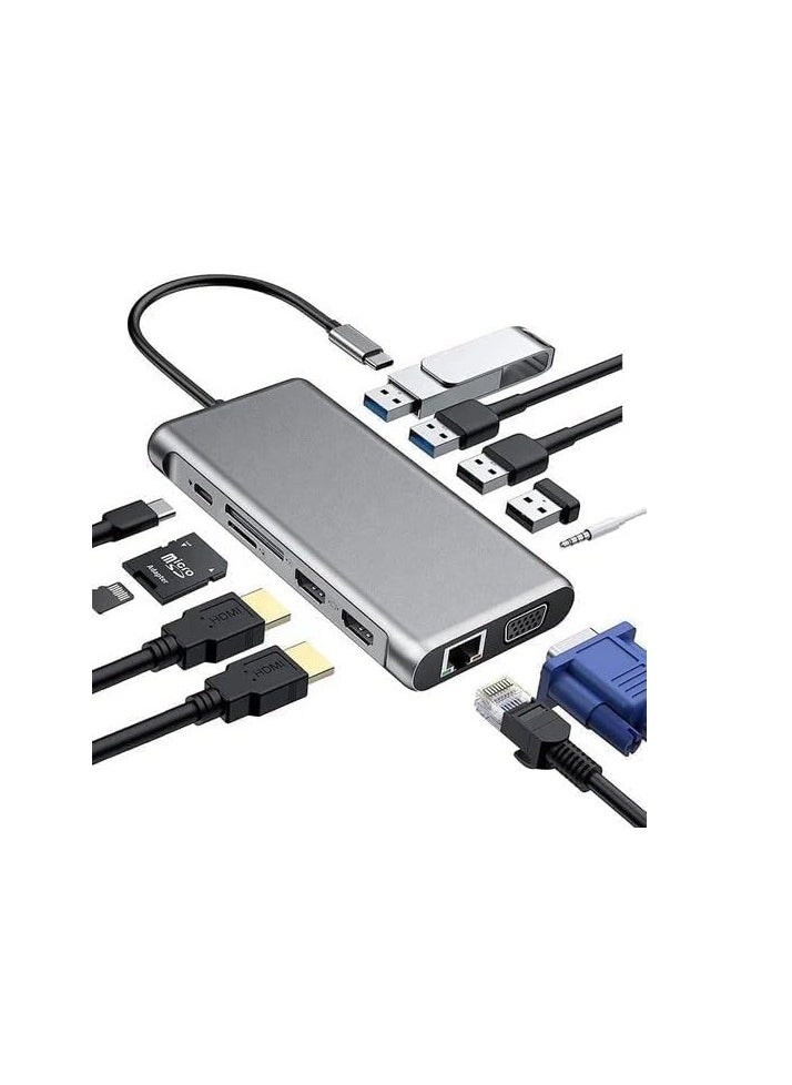 Generic USB Type C Hub 12 in 1 Dock Station Adapter 2 Ports 4K HDMI VGA 4 USB 3.0 Ports USB Type C PD3.0 Data RJ45 Ethernet SD/TF 3.5mm AUX Compatible with MacBook Pro/Air and Type C Devices  - Image 1