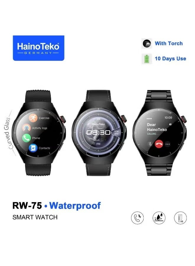 RW-75 Waterproof Smart Watch with Curved AMOLED Display, Bluetooth Calling, Fitness Tracker, Heart Rate & Sleep Monitor, Multi-Sport Modes, 3 Interchangeable Straps, Long Battery Life Smartwatch for Men – Black
