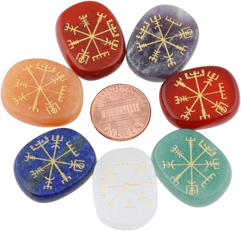 mookaitedecor Viking Runes Reiki Stones Set Nordic Viking Gifts Natural Polished Healing Crystals Quartz Palm Stones Engraved Vegvisir Symbol Semi Precious Stones for Reiki Meditation - Image 2