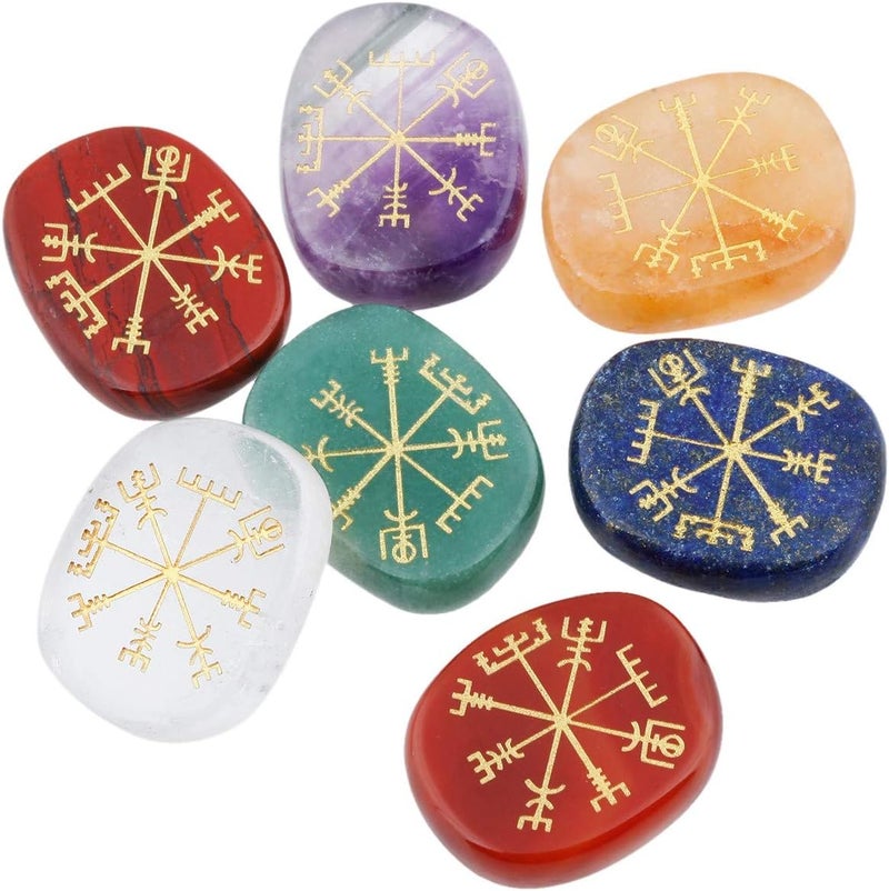 mookaitedecor Viking Runes Reiki Stones Set Nordic Viking Gifts Natural Polished Healing Crystals Quartz Palm Stones Engraved Vegvisir Symbol Semi Precious Stones for Reiki Meditation - Image 1