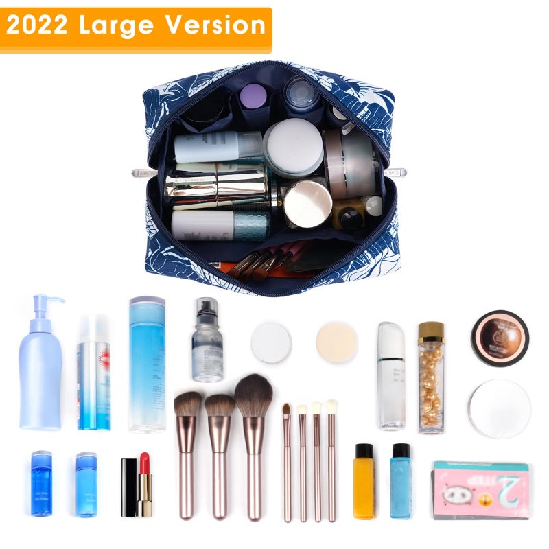 Narwey Cute Makeup Bag Travel Cosmetic Bag Organizer Toiletry Bag Make Up Bags with Compartments for Women Girls (Large, Blue Lotus) - Image 2