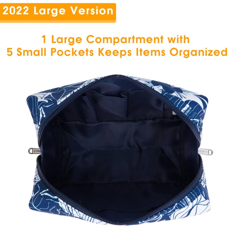 Narwey Cute Makeup Bag Travel Cosmetic Bag Organizer Toiletry Bag Make Up Bags with Compartments for Women Girls (Large, Blue Lotus) - Image 3