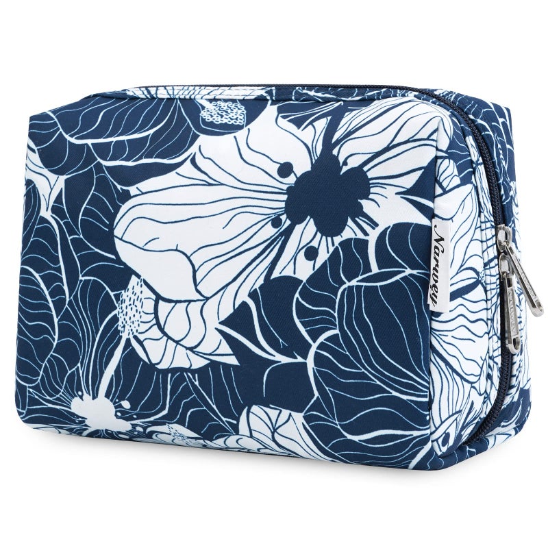Narwey Cute Makeup Bag Travel Cosmetic Bag Organizer Toiletry Bag Make Up Bags with Compartments for Women Girls (Large, Blue Lotus) - Image 1