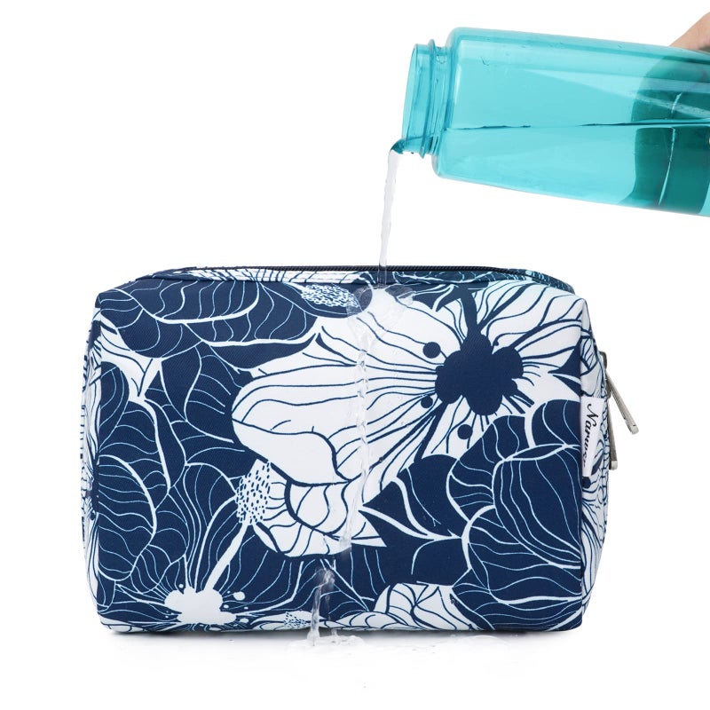 Narwey Cute Makeup Bag Travel Cosmetic Bag Organizer Toiletry Bag Make Up Bags with Compartments for Women Girls (Large, Blue Lotus) - Image 4