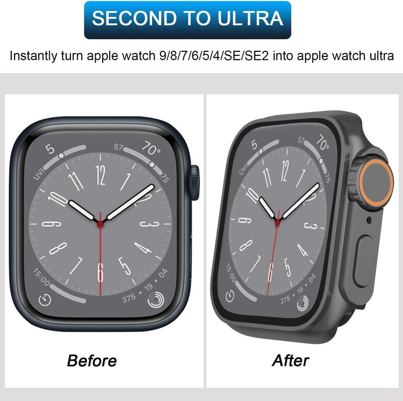 كاست ويف [عبوتان] حافظة فائقة المقاومة للماء لساعة Apple Watch 9 8 7، تشبه غطاء الحافظة الفائقة المزود بواقي شاشة من الزجاج المقوى لساعة iWatch Series 7 8 9 (أسود أصلي، 45 مم) - Image 4